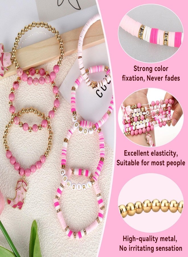 JOLYEAK 7Pcs Western Cowgirl Bracelets,Rainbow Clay Beaded Bracelet,Vintage Beaded Western Bracelet,Stackable Bohemian Bracelets for Women Cowgirl (Pink) - Image 4
